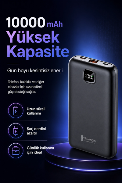 Cep Telefonu Uyumlu 10000 mAh Dijital Göstergeli Hızlı Şarj Powerbank