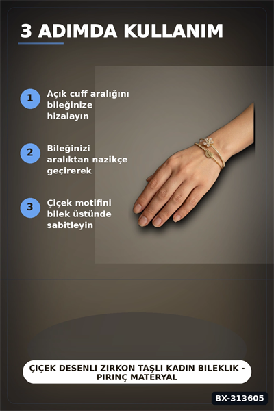 Çiçek Desenli Zirkon Taşlı Kadın Bileklik - Pirinç Materyal - Tekli Takı BX-313605