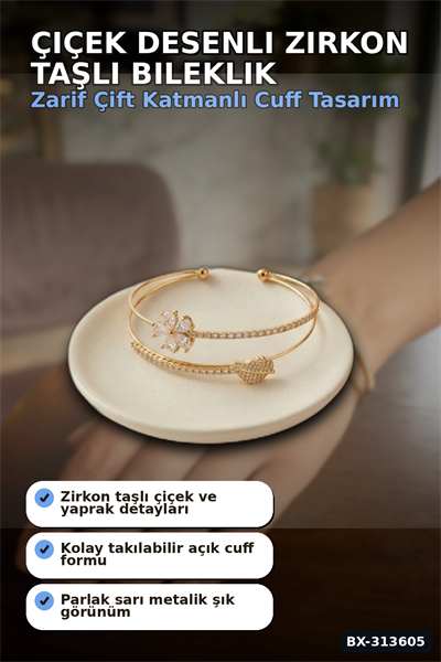 Çiçek Desenli Zirkon Taşlı Kadın Bileklik - Pirinç Materyal - Tekli Takı BX-313605