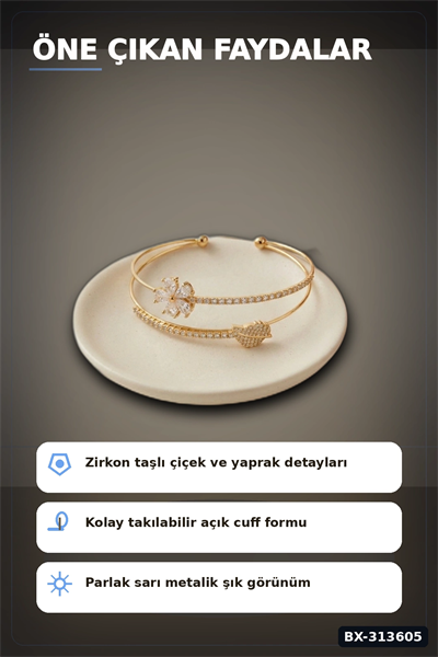 Çiçek Desenli Zirkon Taşlı Kadın Bileklik - Pirinç Materyal - Tekli Takı BX-313605