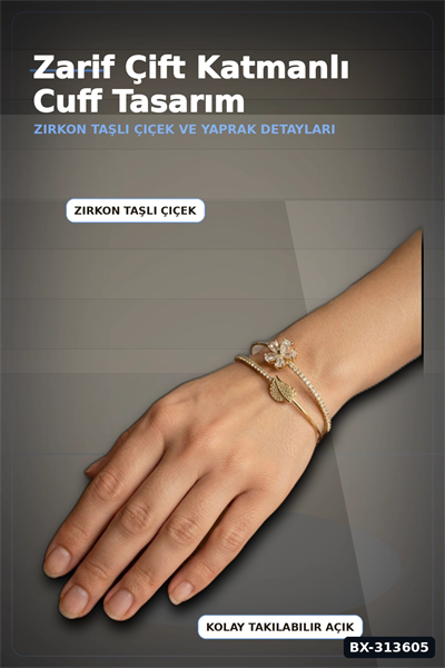 Çiçek Desenli Zirkon Taşlı Kadın Bileklik - Pirinç Materyal - Tekli Takı BX-313605