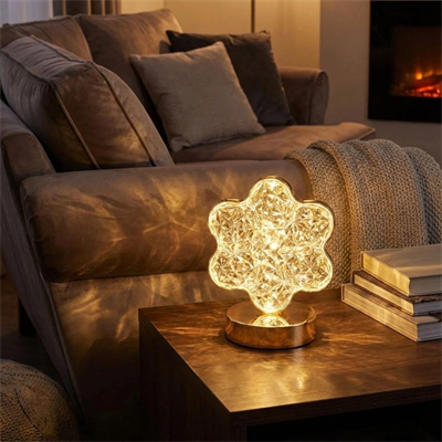 Çiçek Model Kristal Led Masa Lambası – Dokunmatik, 3 Renk Işık Modlu, Şarjlı Mini Dekoratif Gece Lambası Bx40