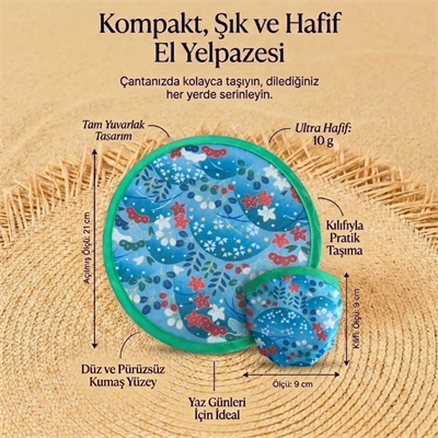 Çiçek Ve Yaprak Desenli Katlanabilir Cep Yelpazesi - Kılıflı Yuvarlak Kumaş El Yelpazesi Bx40