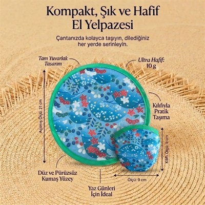 BUFFER® Çiçek ve Yaprak Desenli Pratik Katlanabilir El Yelpazesi – Kılıflı Yuvarlak Pratik Otomatik Açılıp Kapanan Cep Yelpazesi