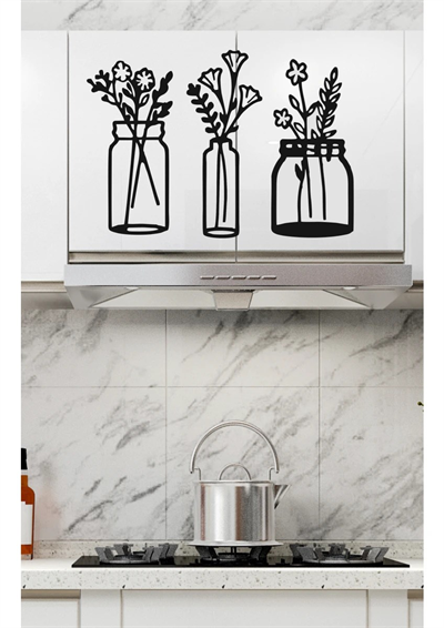 Çiçekli Kavanozlar – Ahşap Mutfak Duvar Dekoru (3’lü Set)
