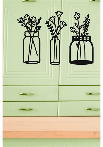 Çiçekli Kavanozlar – Ahşap Mutfak Duvar Dekoru (3’lü Set)