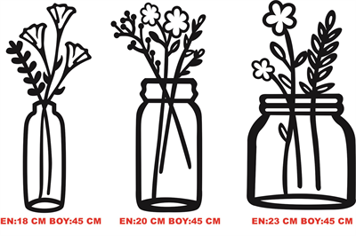 Çiçekli Kavanozlar – Ahşap Mutfak Duvar Dekoru (3’lü Set)