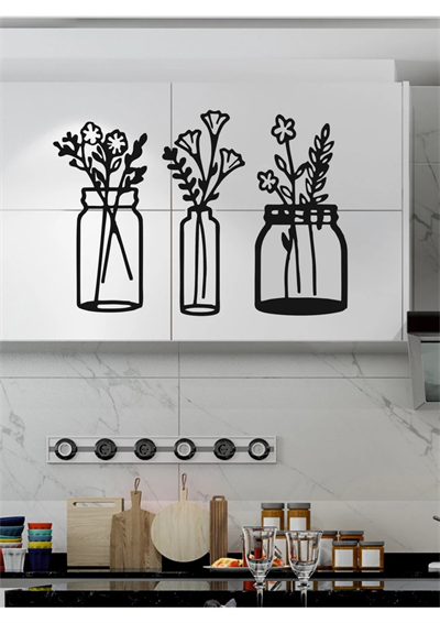 Çiçekli Kavanozlar – Ahşap Mutfak Duvar Dekoru (3’lü Set)