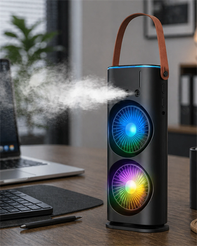 Çift Başlıklı Taşınabilir Fan RGB Işıklı Sprey Nemlendiricili Masaüstü Serinletici Fan
