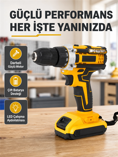 Çift Bataryalı Darbeli Şarjlı Matkap Seti – Metal Dişli, 24 Parça Aksesuar ve LED Işıklı