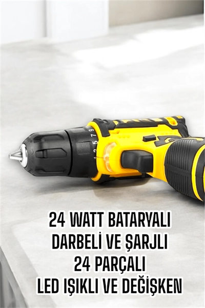 Çift Bataryalı Metal Dişli Darbeli Şarjlı Matkap Seti 24W Güç ve 24 Parça Aksesuar