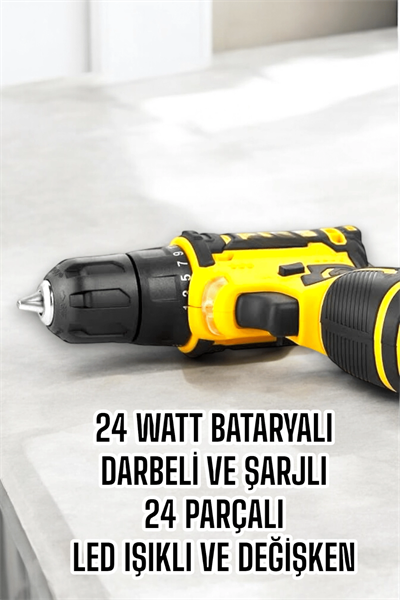Çift Bataryalı Metal Dişli Darbeli Şarjlı Matkap Seti 24W Güç ve 24 Parça Aksesuar