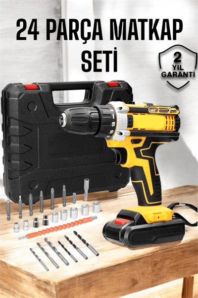 Çift Bataryalı Metal Dişli Darbeli Şarjlı Matkap Seti 24W Güç ve 24 Parça Aksesuar