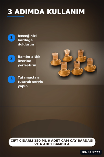 Cift Cidarli 150 Ml 6 Adet Cam Cay Bardagi Ve 6 Adet Bambu Altlik Seti BX-313777