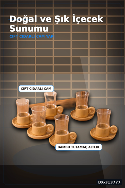 Cift Cidarli 150 Ml 6 Adet Cam Cay Bardagi Ve 6 Adet Bambu Altlik Seti BX-313777