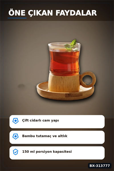 Cift Cidarli 150 Ml 6 Adet Cam Cay Bardagi Ve 6 Adet Bambu Altlik Seti BX-313777