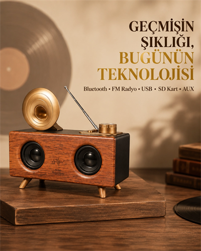 Çift Hoparlörlü Retro Bluetooth Speaker 1800mAh Bataryalı AUX USB SD Kartlı