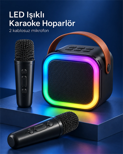 Çift Kablosuz Mikrofonlu LED Işıklı Bluetooth Karaoke Hoparlör Seti