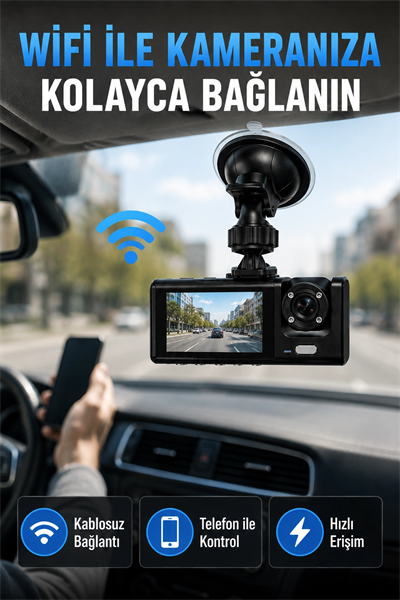 Çift Kameralı WiFi Araç Kamerası 170° Geniş Açı Full HD Araç İçi Kayıt Sistemi