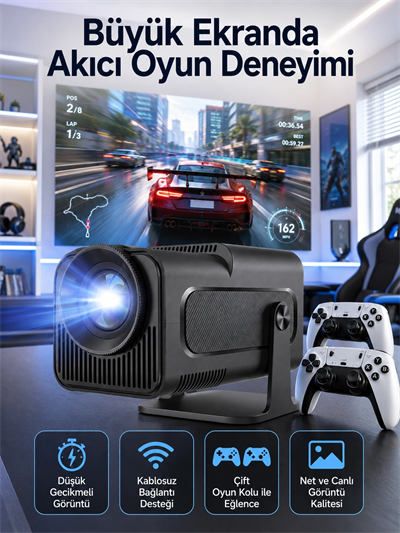 Çift Kollu Game Box Projeksiyon Cihazı Kumandalı Android Tv Dahili Hoparlör