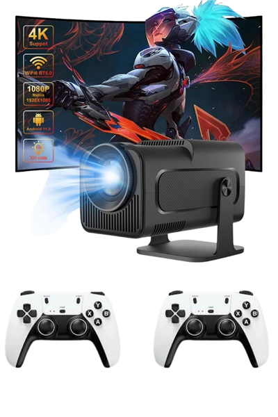 Çift Kollu Game Box Projeksiyon Cihazı Kumandalı Android Tv Dahili Hoparlör