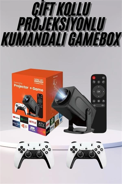 Çift Kollu Game Box Projeksiyon Cihazı Kumandalı Android Tv Dahili Hoparlör