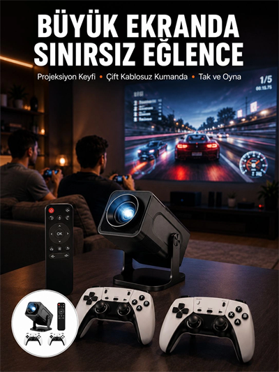 Çift Kollu Game Box Projeksiyon Cihazı Kumandalı Android Tv Dahili Hoparlör Yeni Nesil