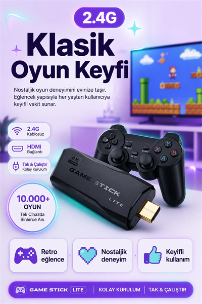Çift Kollu Kablosuz Oyun Konsolu TV Bağlantılı Klasik Oyunlar İçin Pratik Set