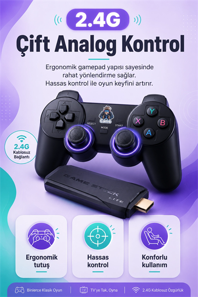 Çift Kollu Kablosuz Oyun Konsolu TV Bağlantılı Klasik Oyunlar İçin Pratik Set
