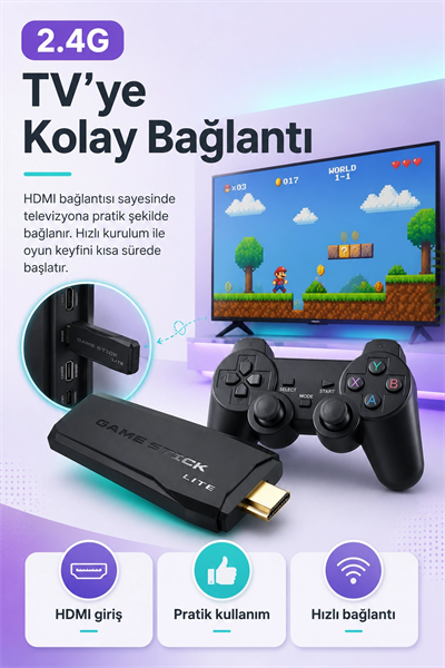 Çift Kollu Kablosuz Oyun Konsolu TV Bağlantılı Klasik Oyunlar İçin Pratik Set
