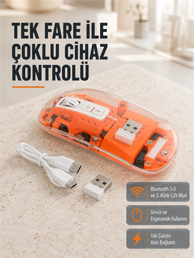 Çift Modlu Kablosuz Bluetooth 5.0 + 2.4GHz Mouse – 3 Cihaz Bağlantılı, Hızlı Geçiş Düğmeli