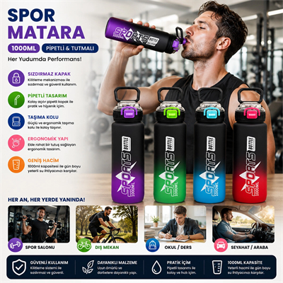Çift Renkli Tutmalı Plastik Pipetli Spor Matara Suluk 1000ml Herhangi Bir Renk Gönderilir Bx40