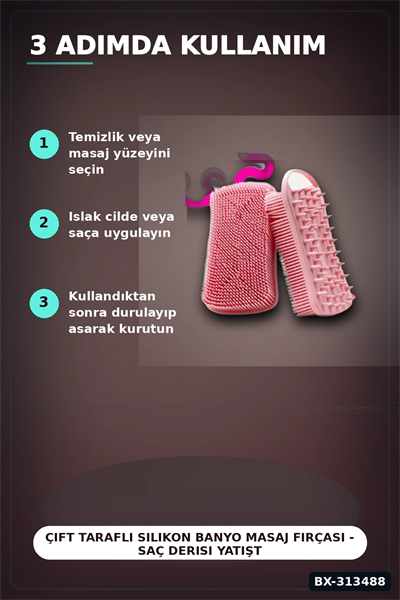 Çift Taraflı Silikon Banyo Masaj Fırçası - Saç Derisi Yatıştırıcı Taraklı 1 Adet BX-313488