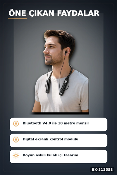 Çift Telefon Bağlantılı Titreşimli Bluetooth Boyun Kulaklığı 10m Menzil Mikrofonlu BX-313558