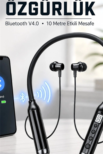 Çift Telefon Bağlantılı Titreşimli Bluetooth Boyun Kulaklığı 10m Menzil Mikrofonlu BX-313558