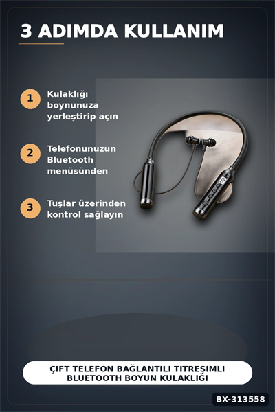 Çift Telefon Bağlantılı Titreşimli Bluetooth Boyun Kulaklığı 10m Menzil Mikrofonlu BX-313558