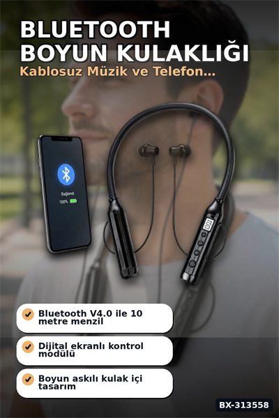 Çift Telefon Bağlantılı Titreşimli Bluetooth Boyun Kulaklığı 10m Menzil Mikrofonlu BX-313558