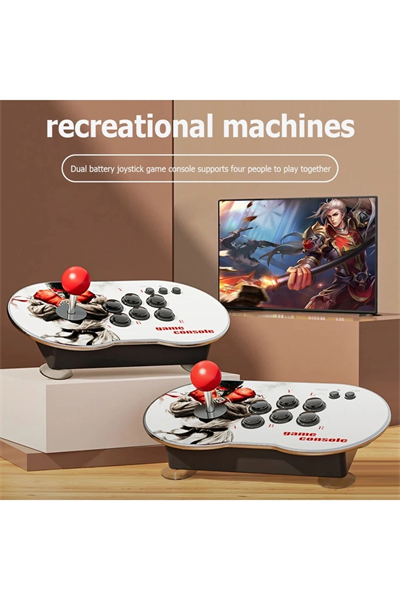 Çift kişilik retro joystickli beyaz oyun konsolu, 4K HD görüntü, oyun, bluetooth yok