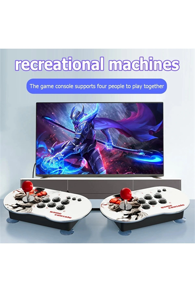 Çift kişilik retro joystickli beyaz oyun konsolu, 4K HD görüntü, oyun, bluetooth yok