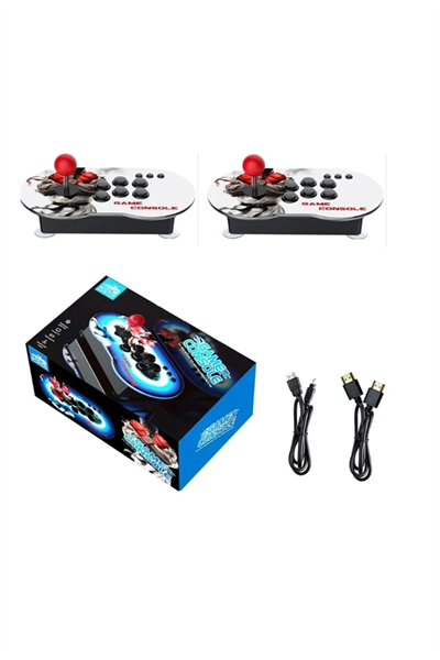 Çift kişilik retro joystickli beyaz oyun konsolu, 4K HD görüntü, oyun, bluetooth yok