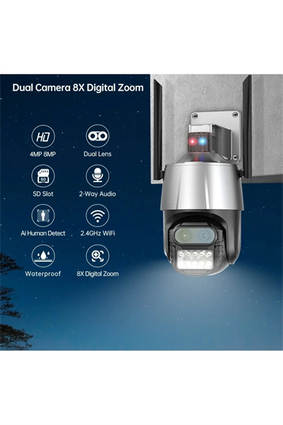 Çift lensli 8X zoom 4MP 4K Ultra HD hareketli gece görüşlü dış mekan WiFi IP kamera 2 yıl garantili