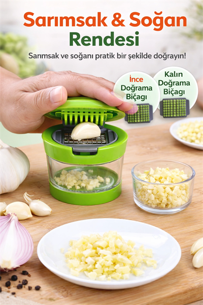 Çıkarılabilir Hazneli Kapaklı Pratik Sarımsak ve Soğan Doğrayıcı – 2 Bıçak Seçenekli Profesyonel