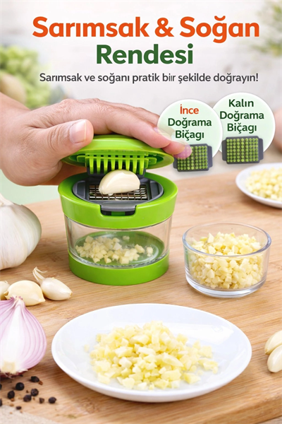 Çıkarılabilir Hazneli Sarımsak Doğrayıcı 2 Bıçaklı Pratik Mutfak Kesme Aparatı Seti