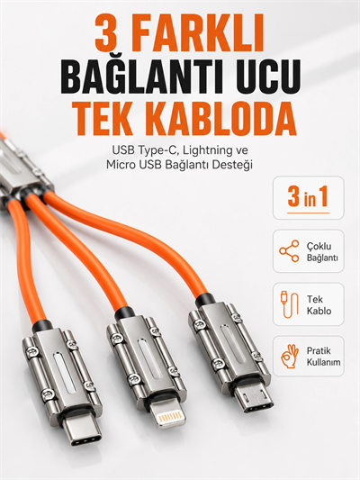 Çinko Alaşımlı Metal Konnektörlü Dayanıklı 6A Hızlı Şarj Kablosu