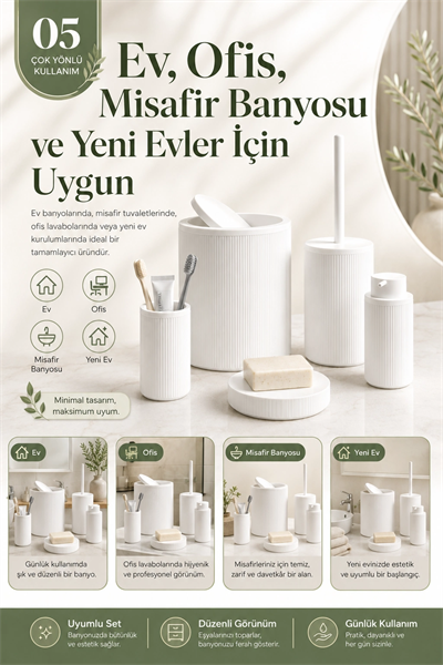 Çizgili Desenli Beyaz 5 Parça Banyo Seti Sıvı Sabunluk Sabunluk ve Diş Fırçalık