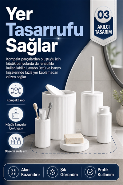 Çizgili Desenli Beyaz 5 Parça Banyo Seti Sıvı Sabunluk Sabunluk ve Diş Fırçalık
