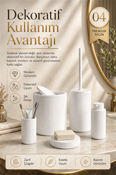 Çizgili Desenli Beyaz 5 Parça Banyo Seti Sıvı Sabunluk Sabunluk ve Diş Fırçalık