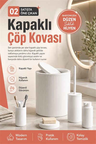 Çizgili Desenli Beyaz 5 Parça Banyo Seti Sıvı Sabunluk Sabunluk ve Diş Fırçalık