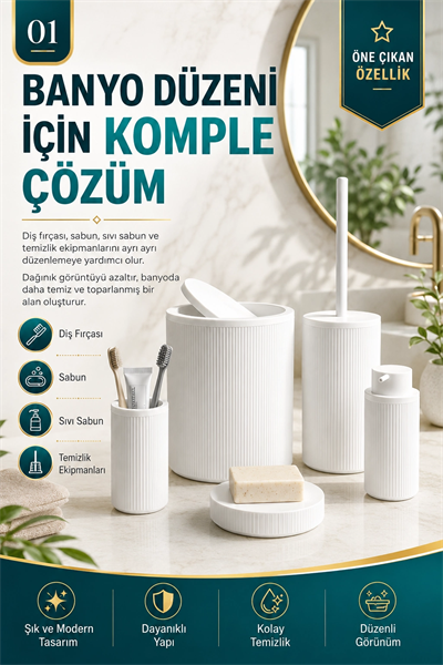 Çizgili Desenli Beyaz 5 Parça Banyo Seti Sıvı Sabunluk Sabunluk ve Diş Fırçalık
