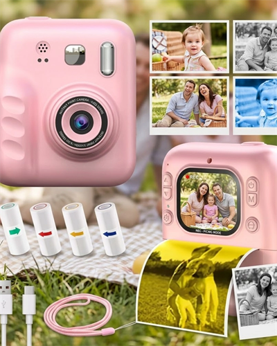 Çocuk Dijital Fotoğraf Makinesi Anında Baskı ve HD Video Kayıt Özellikli 5 kalem ve 4 rulo kağıt hediye